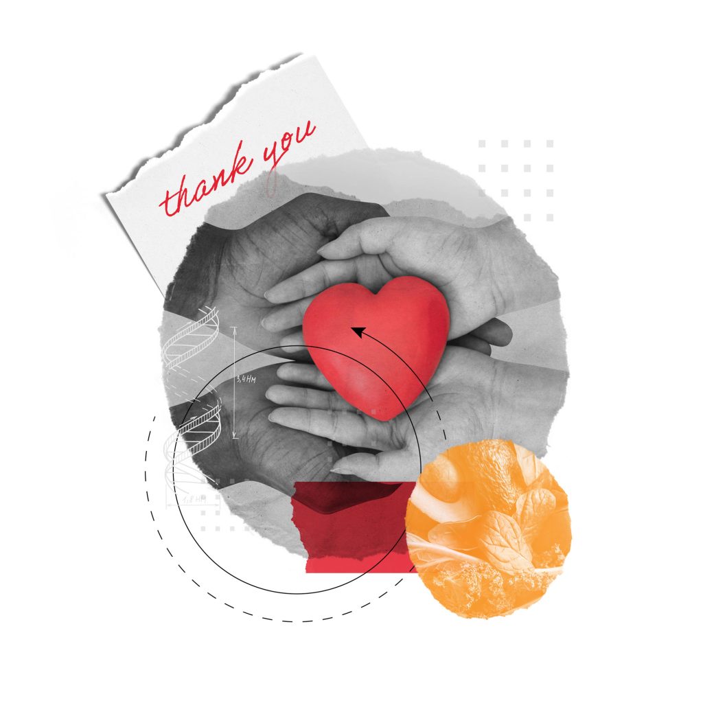 A collage of images with two pairs of hands holding a heart between them