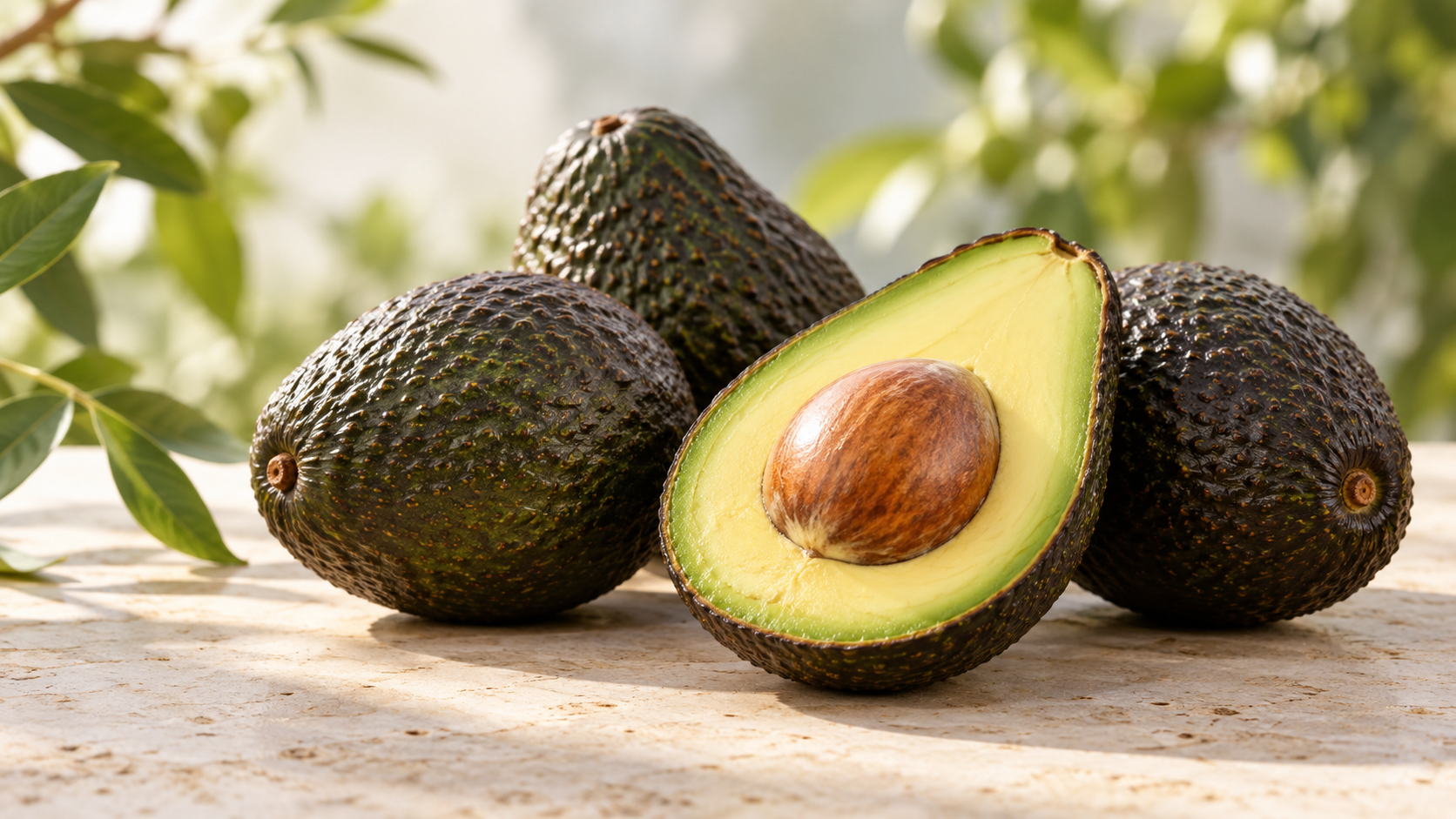 Ripe whole and halved avocados on a pale stone surface; illustrative image